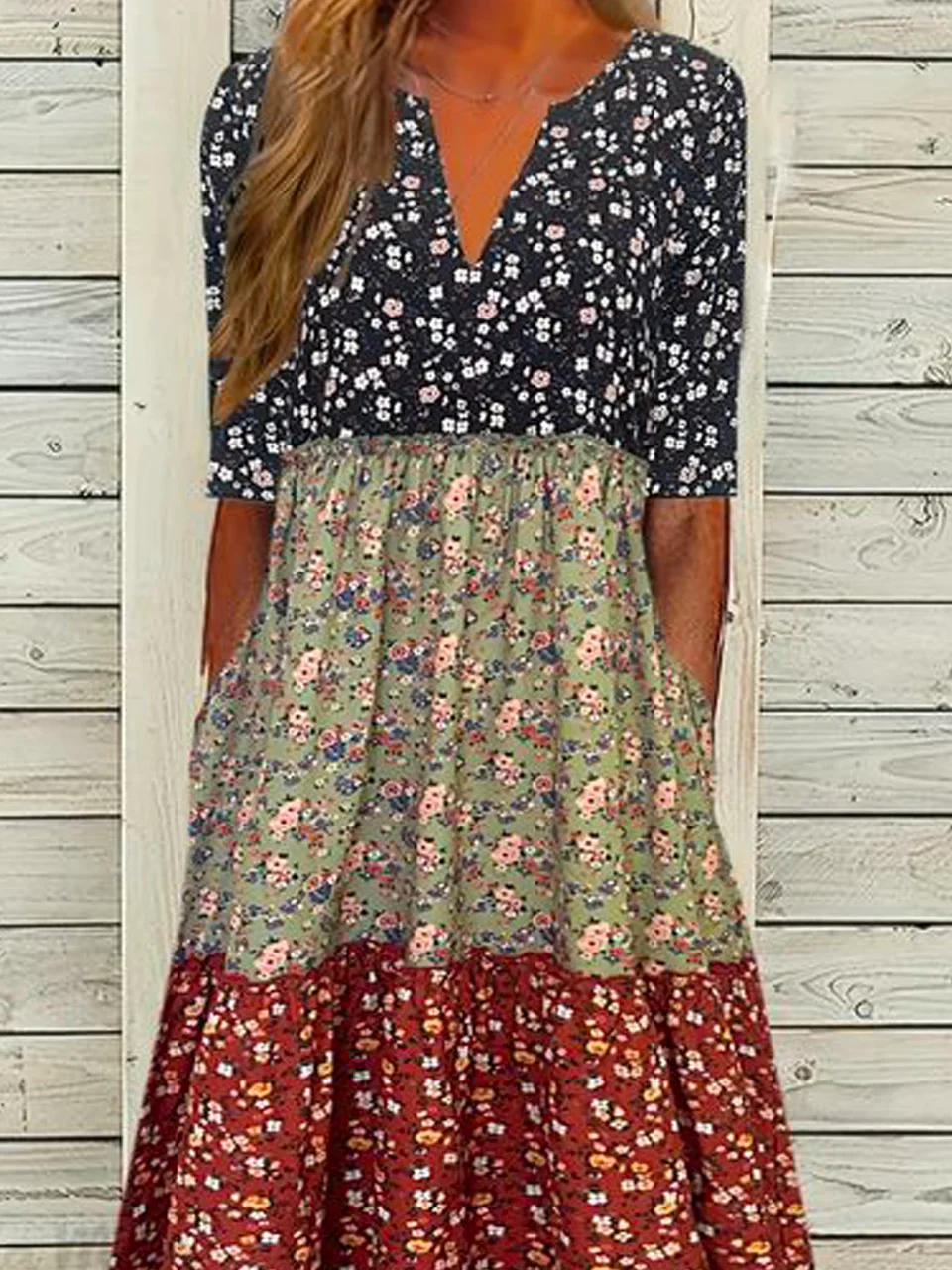 Women Contrast Stitching V Neck Short Sleeve Comfy Casual Midi Dress