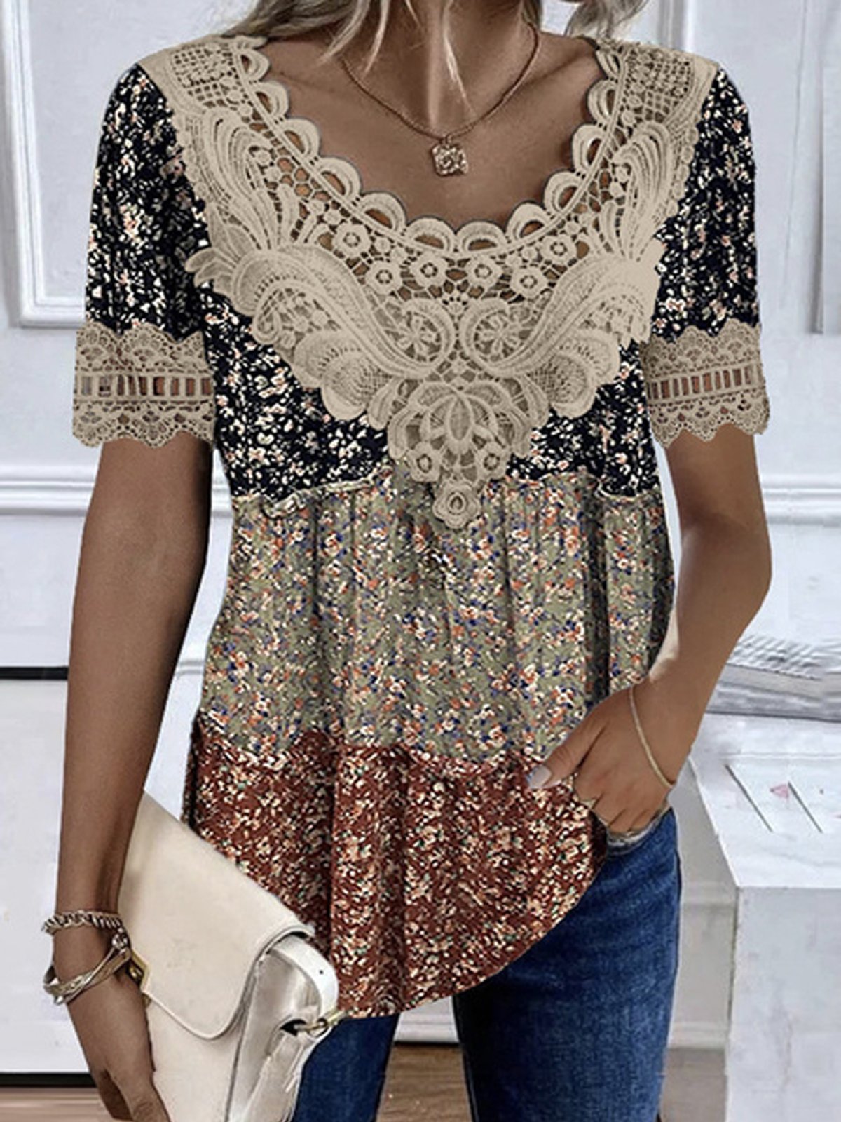 V Neck Short Sleeve Disty Floral Lace Regular Loose Shirt For Women