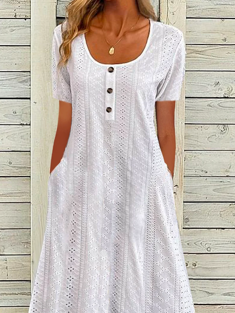 Women Plain Crew Neck Short Sleeve Comfy Casual Buckle Maxi Dress