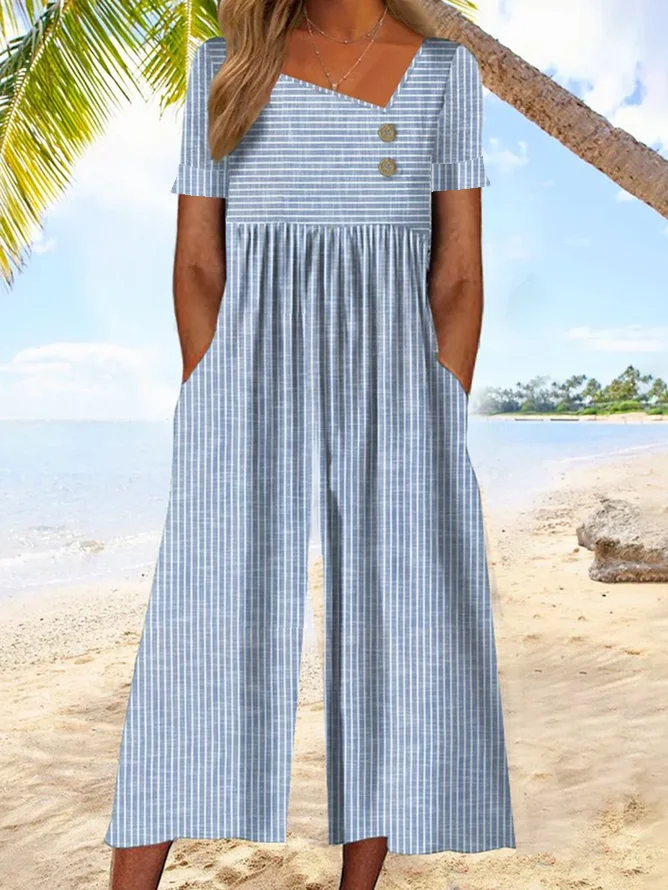 Women Short Sleeve Asymmetrical Loose Ankle Pants Buckle Daily Vacation Striped Natural Jumpsuit