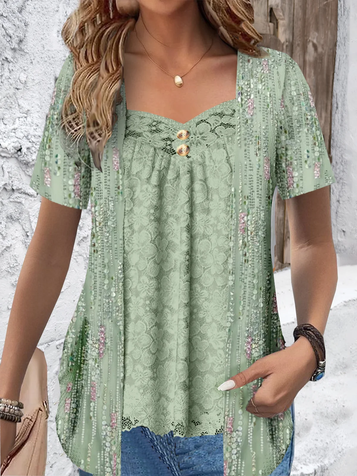 Short Sleeve Disty Floral Lace Regular Loose Shirt For Women