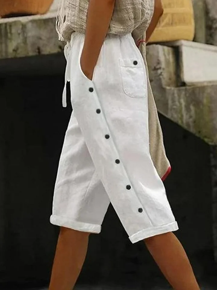 Casual Plain Capris Elastic Waist Buckle Pant