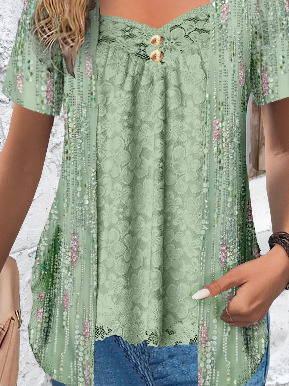 Short Sleeve Disty Floral Lace Regular Loose Shirt For Women