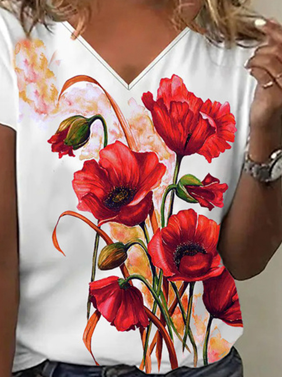 Casual Floral V Neck Short Sleeve T-shirt