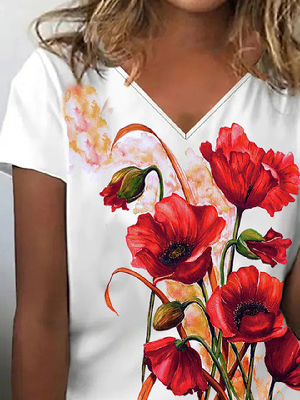 Casual Floral V Neck Short Sleeve T-shirt