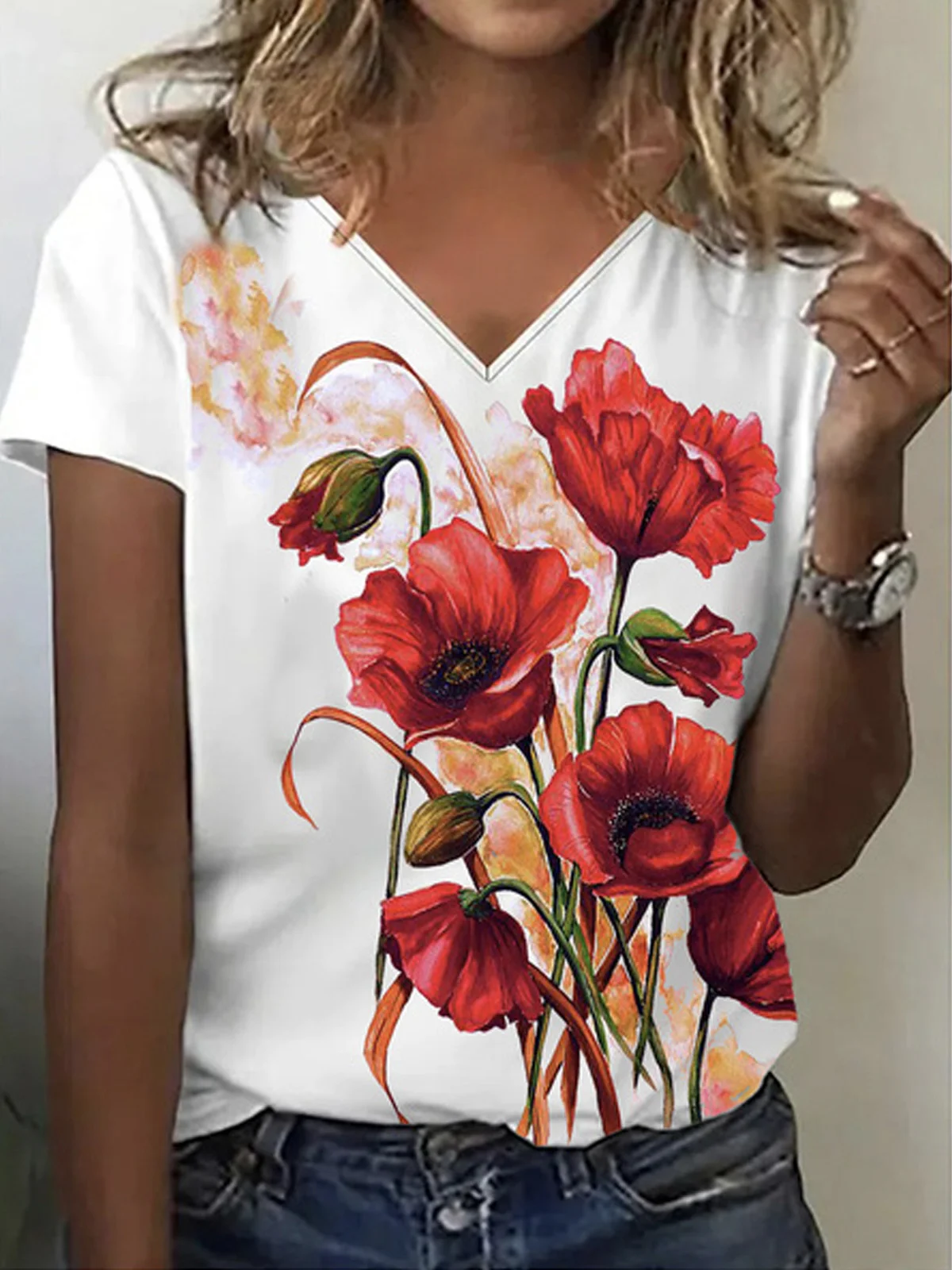 Casual Floral V Neck Short Sleeve T-shirt