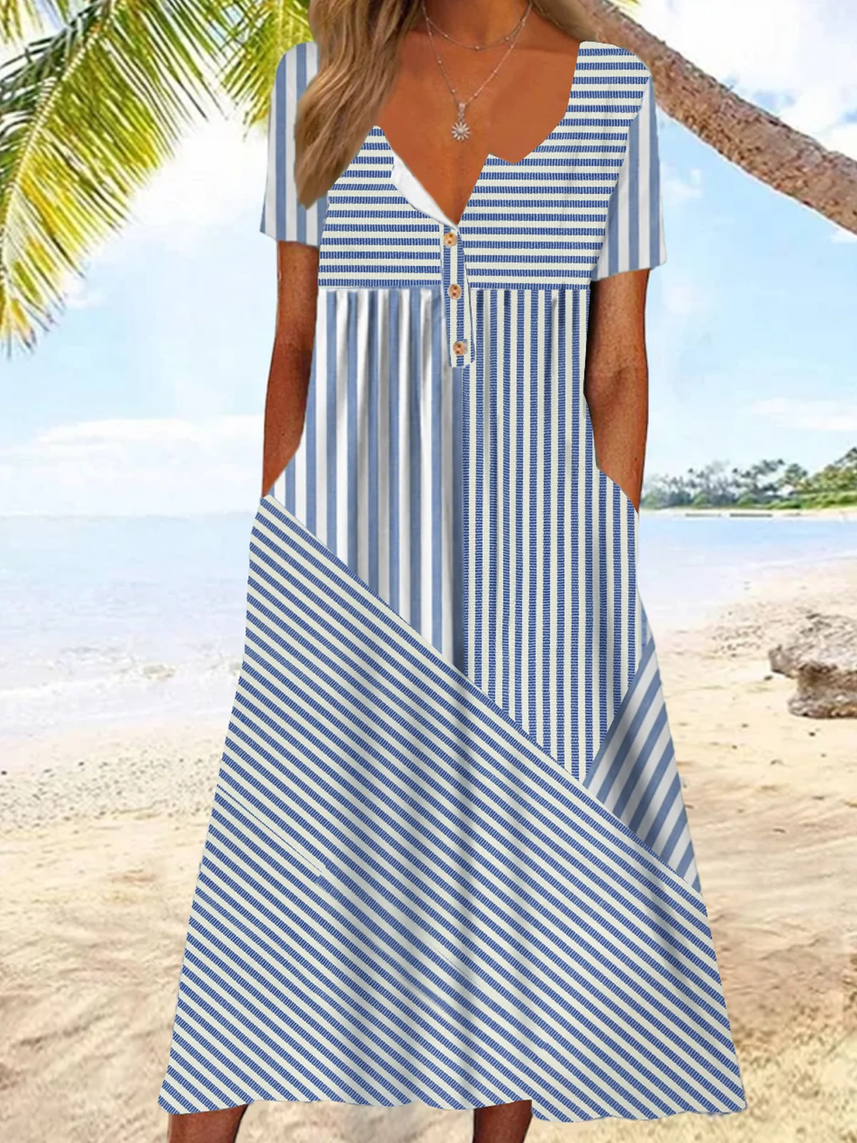Women Striped Short Sleeve Comfy Casual Midi Dress