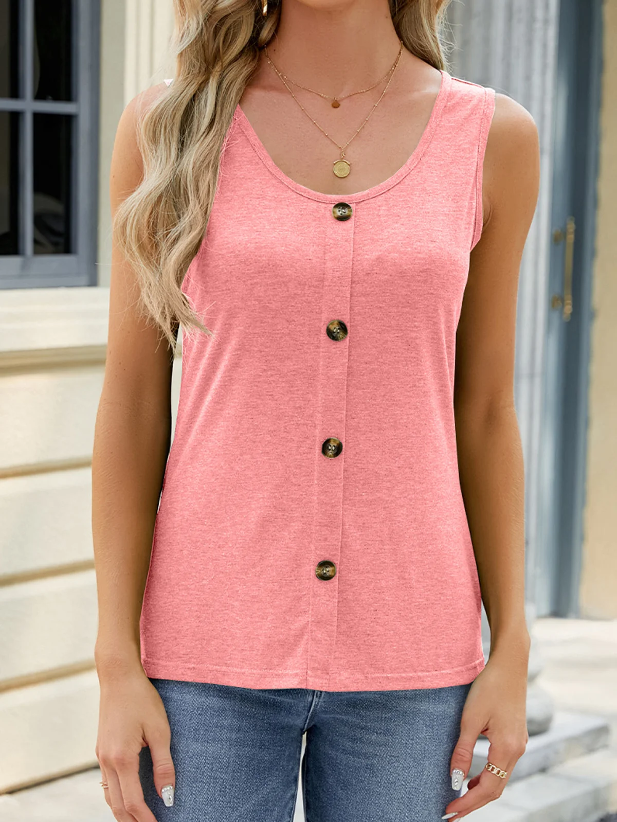 Casual Crew Neck Plain Tank Top Buckle