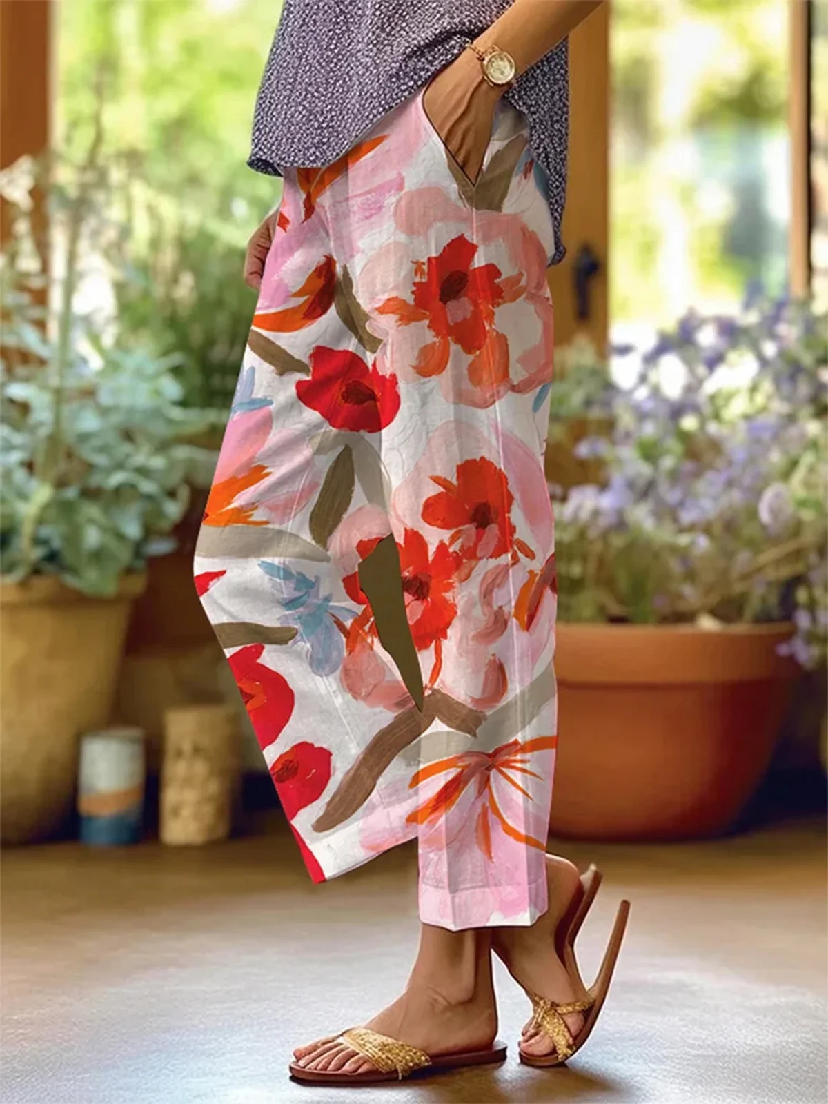 Casual Floral Ankle Pants Elastic Waist Pocket Stitching Pant