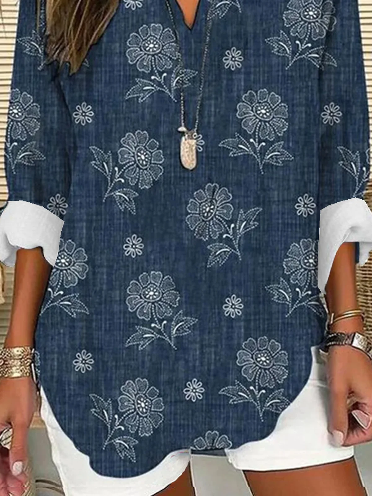 V Neck Long Sleeve Floral Regular Loose Shirt For Women