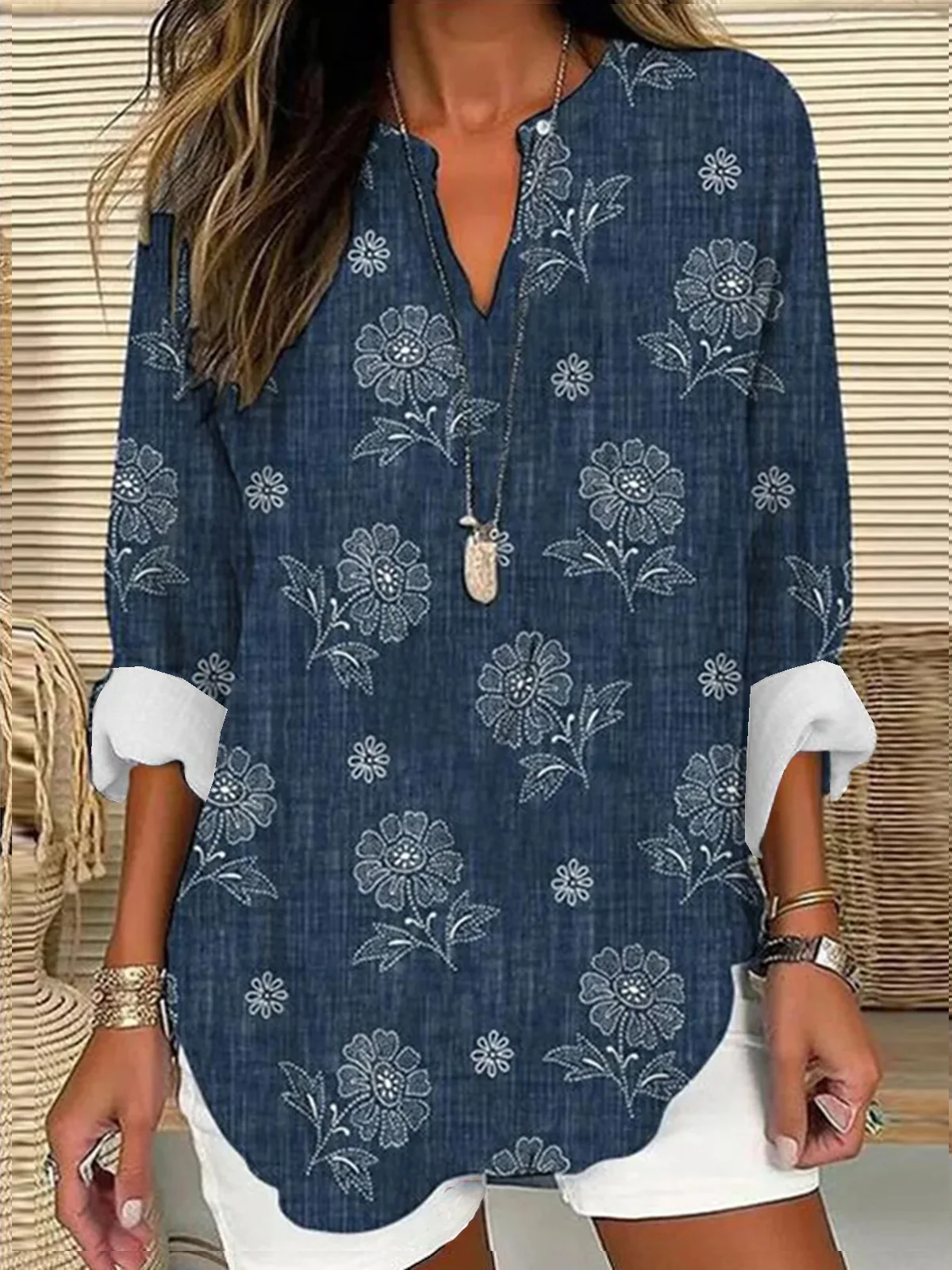 V Neck Long Sleeve Floral Regular Loose Shirt For Women