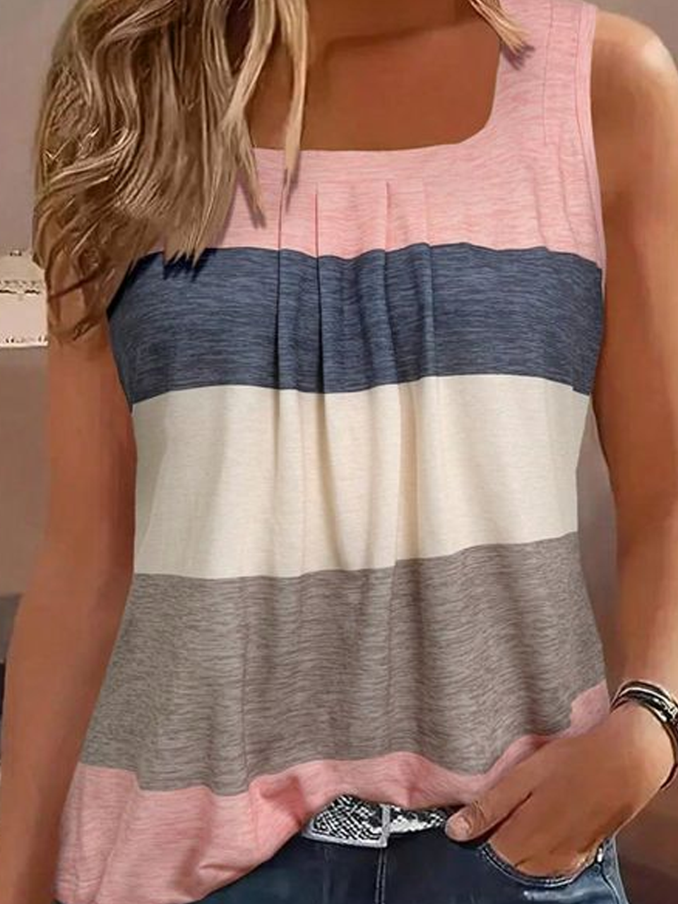 Casual Square Neck Multicolor Block Tank Top