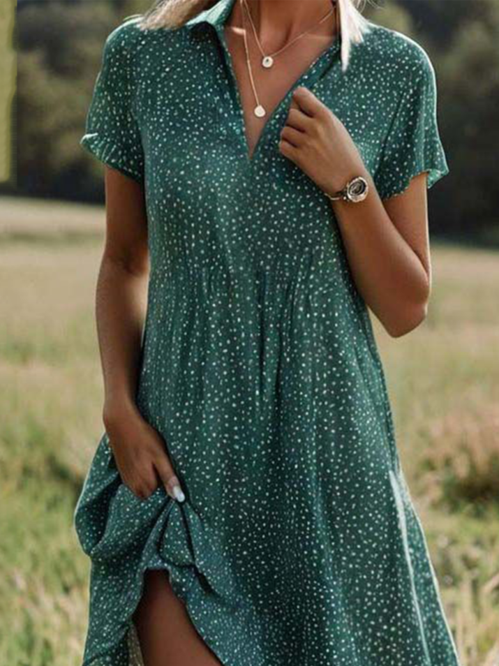 Women Vacation Polka Dots Shirt Collar Short Sleeve Comfy Casual Midi Dress