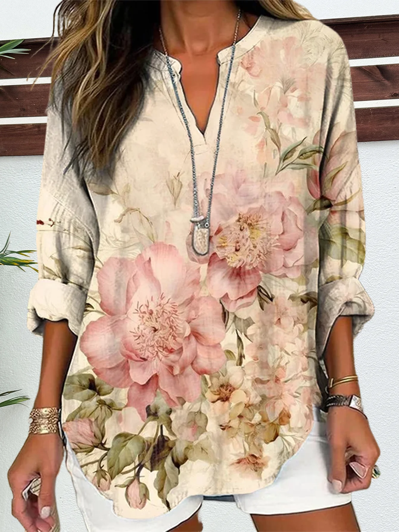 Notched Long Sleeve Floral Regular Loose Shirt For Women