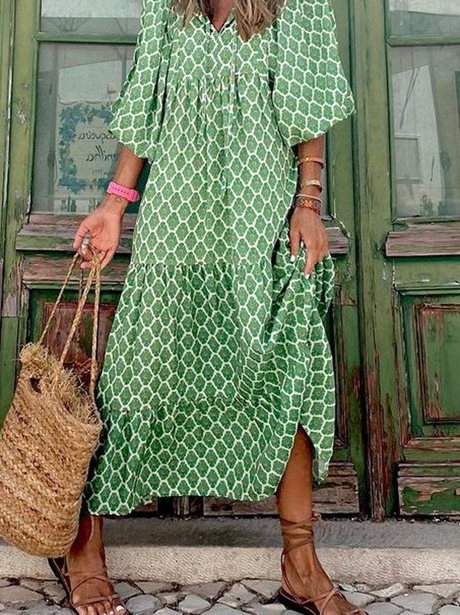 Women Ethnic Crew Neck Three Quarter Sleeve Comfy Casual Maxi Dress