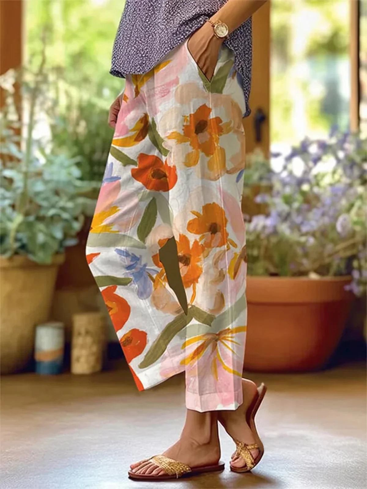 Casual Floral Ankle Pants Elastic Waist Pocket Stitching Pant