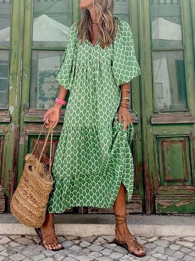 Women Ethnic Crew Neck Three Quarter Sleeve Comfy Casual Maxi Dress