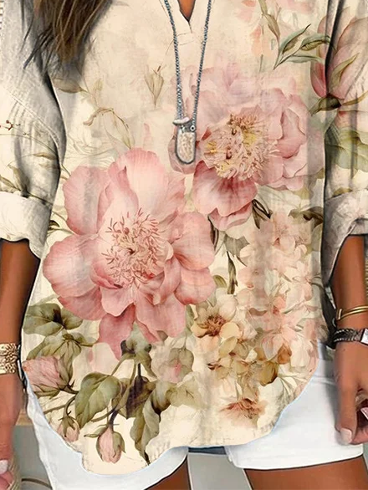 Notched Long Sleeve Floral Regular Loose Shirt For Women