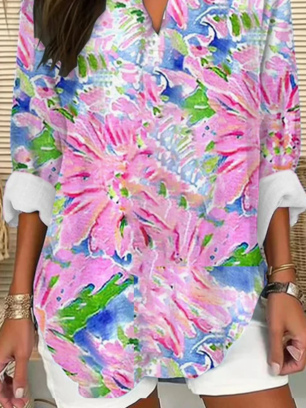 V Neck Long Sleeve Floral Regular Loose Shirt For Women