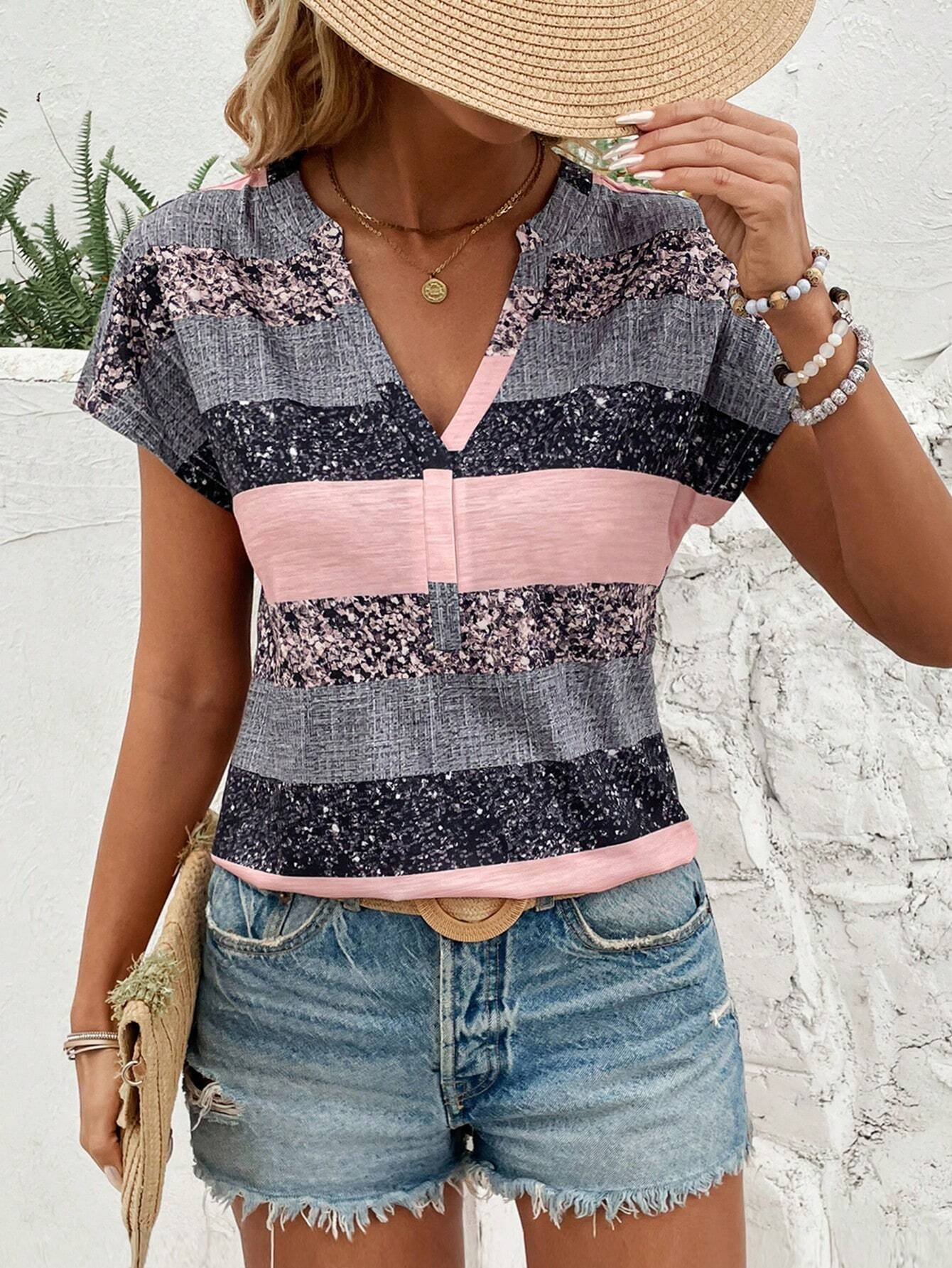 Casual Striped V Neck Short Sleeve T-shirt