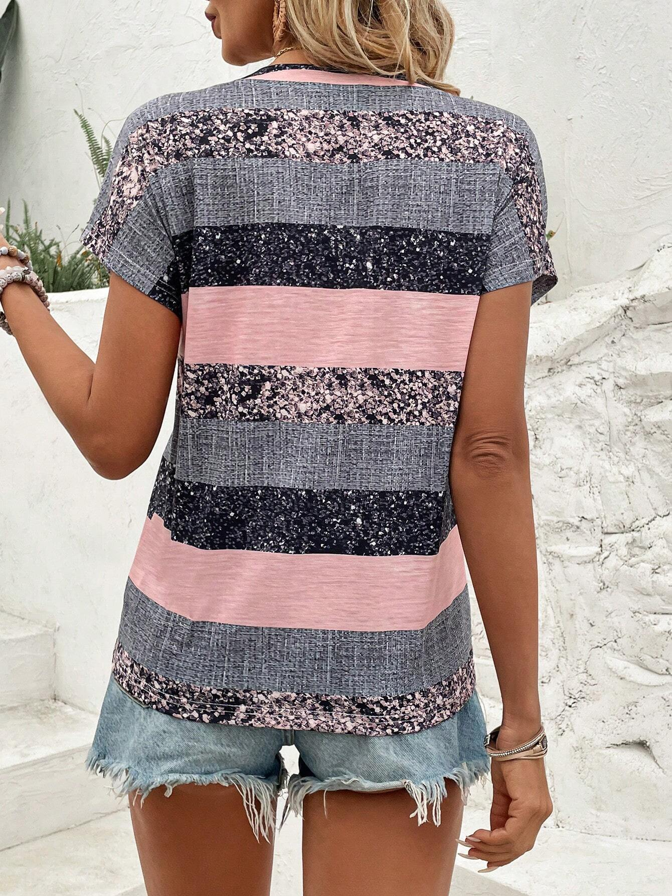 Casual Striped V Neck Short Sleeve T-shirt