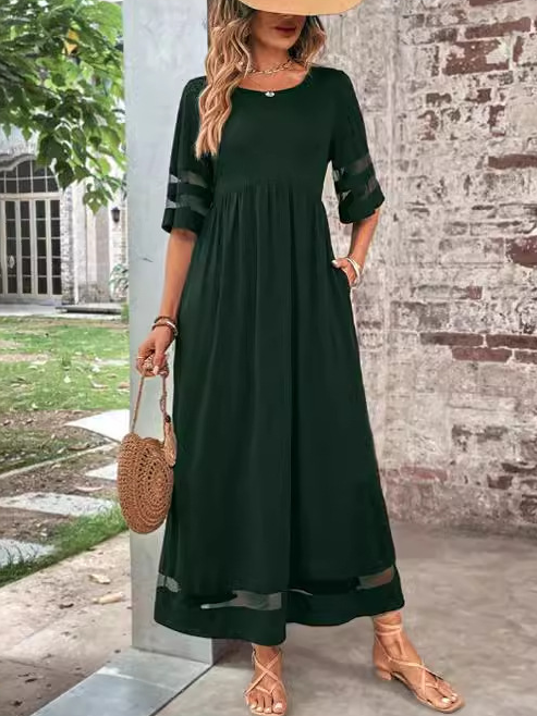 Women Plain Crew Neck Short Sleeve Comfy Casual Maxi Dress