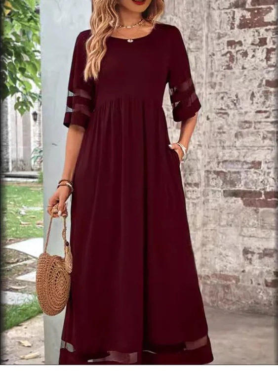 Women Plain Crew Neck Short Sleeve Comfy Casual Maxi Dress
