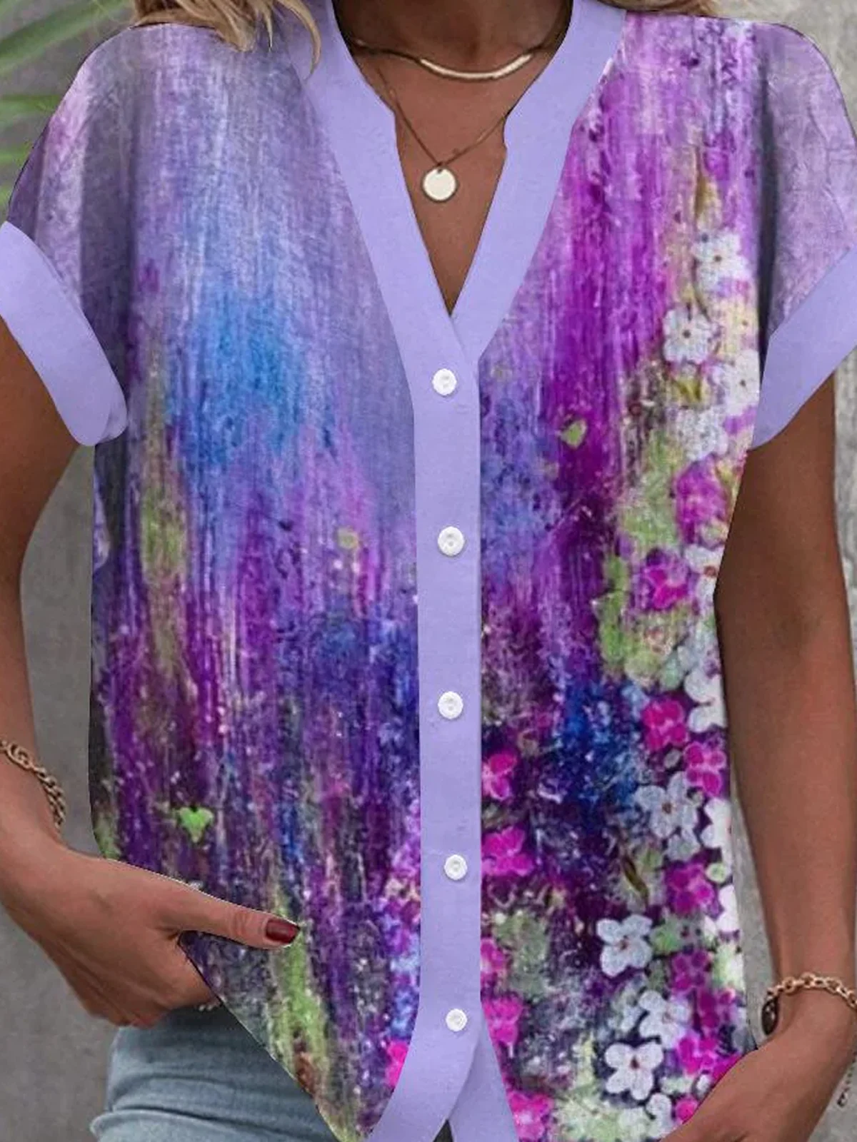 Women's Purple Flower Alzheimer's Awareness Support Print Loose Blouse