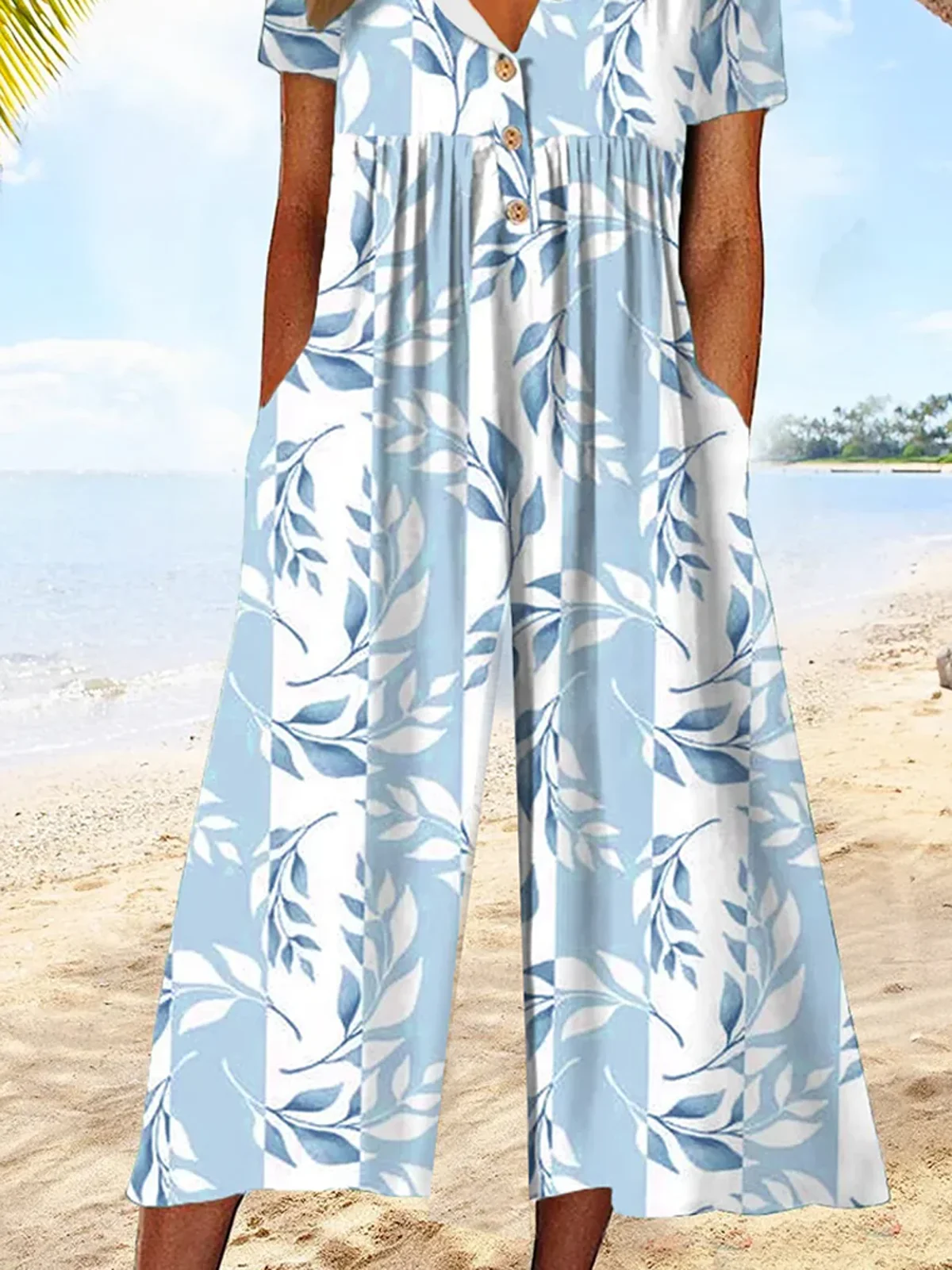 Women Short Sleeve Half Open Collar Loose Ankle Pants Daily Casual Floral Natural Jumpsuit