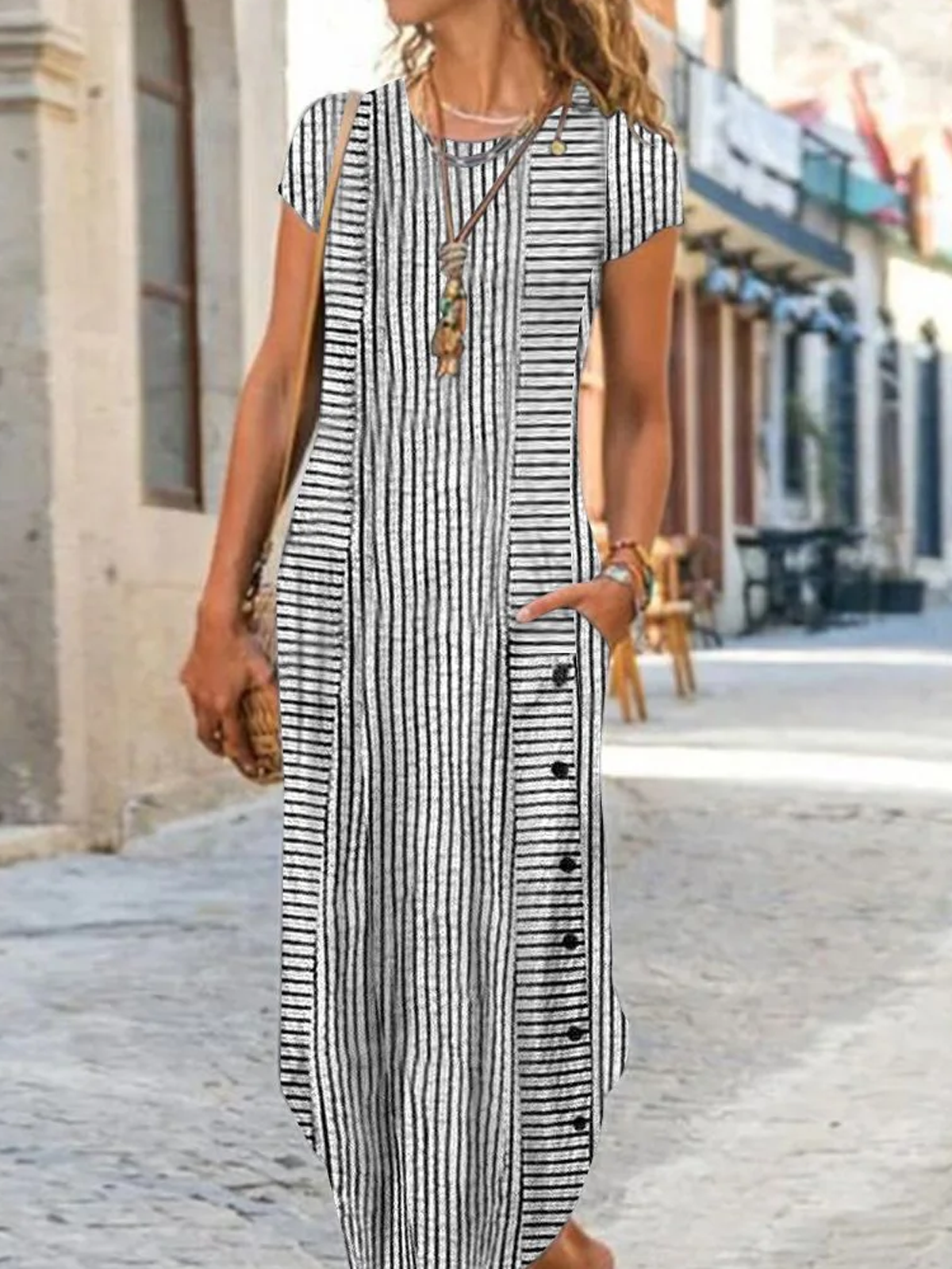 Women Striped Crew Neck Short Sleeve Comfy Casual Buckle Maxi Dress