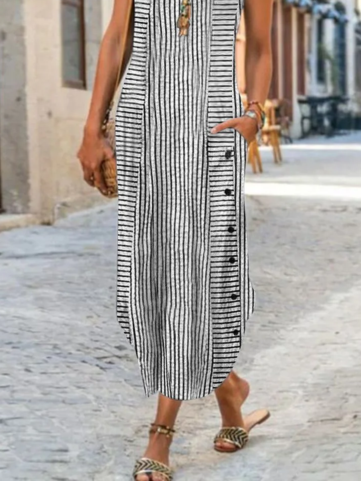 Women Striped Crew Neck Short Sleeve Comfy Casual Buckle Maxi Dress