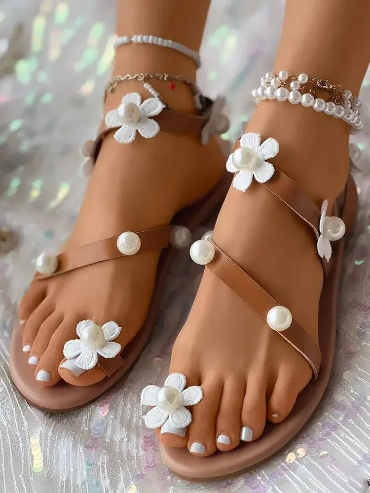 Vacation Plain Slip On Flat Heel Strappy Sandals Applique