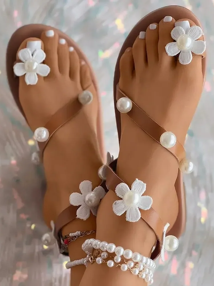 Vacation Plain Slip On Flat Heel Strappy Sandals Applique