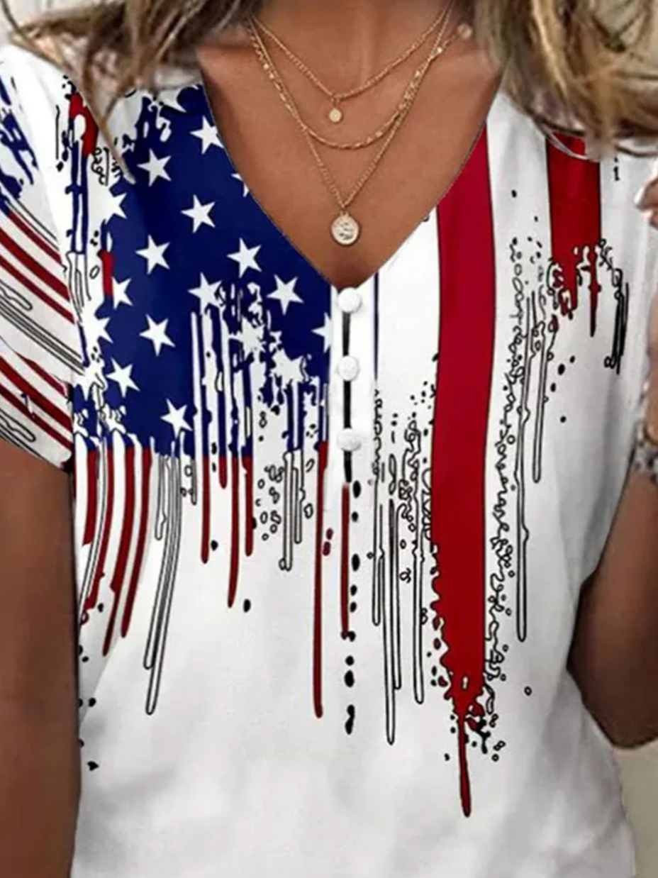 Casual America Flag V Neck Short Sleeve T-shirt