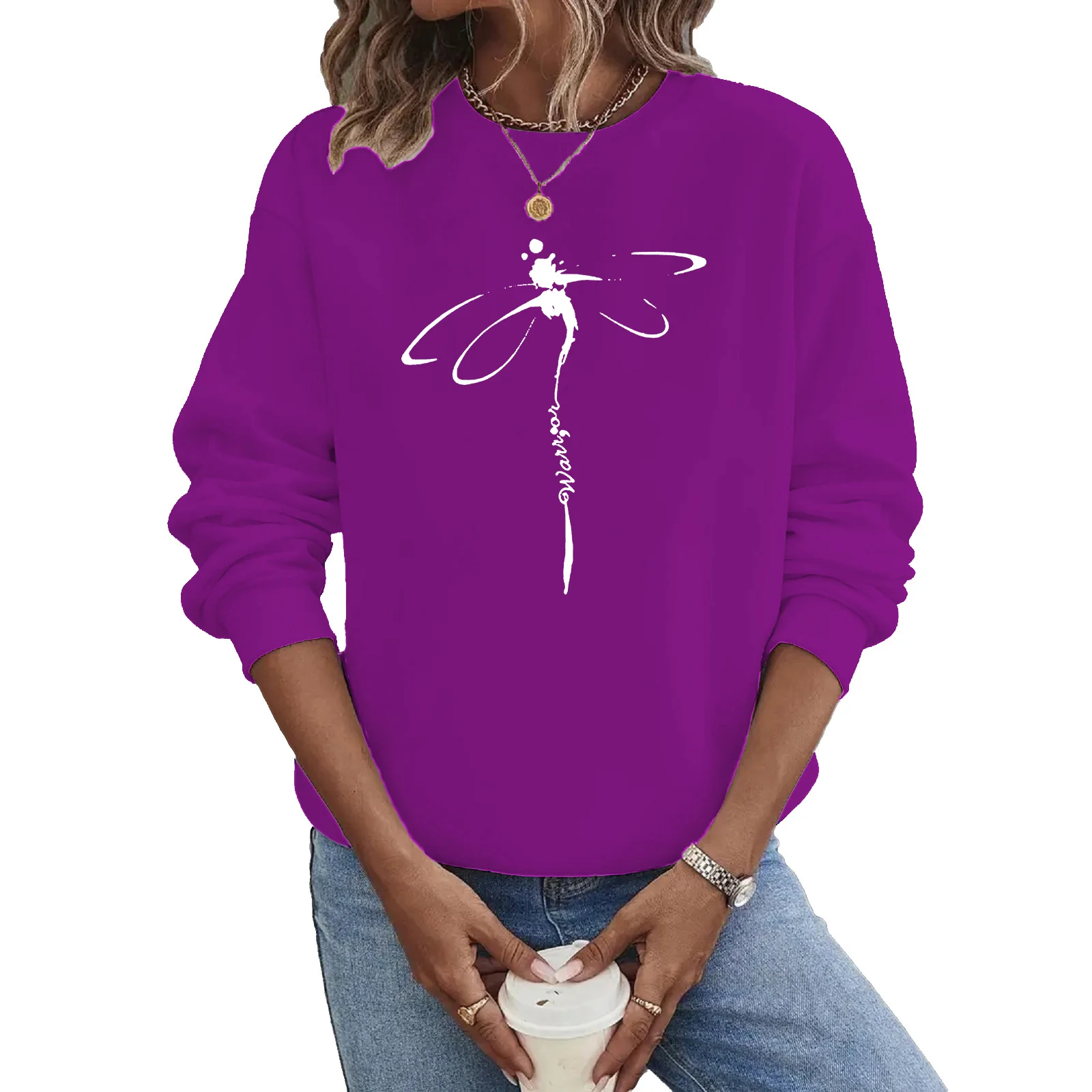 Casual Crew Neck Dragonfly Print Sweatshirt