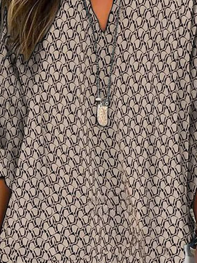 V Neck Long Sleeve Geometric Regular Loose Shirt For Women