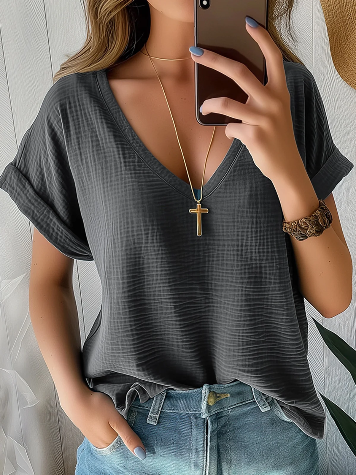 V Neck Short Sleeve Plain Regular Loose Blouse For Women