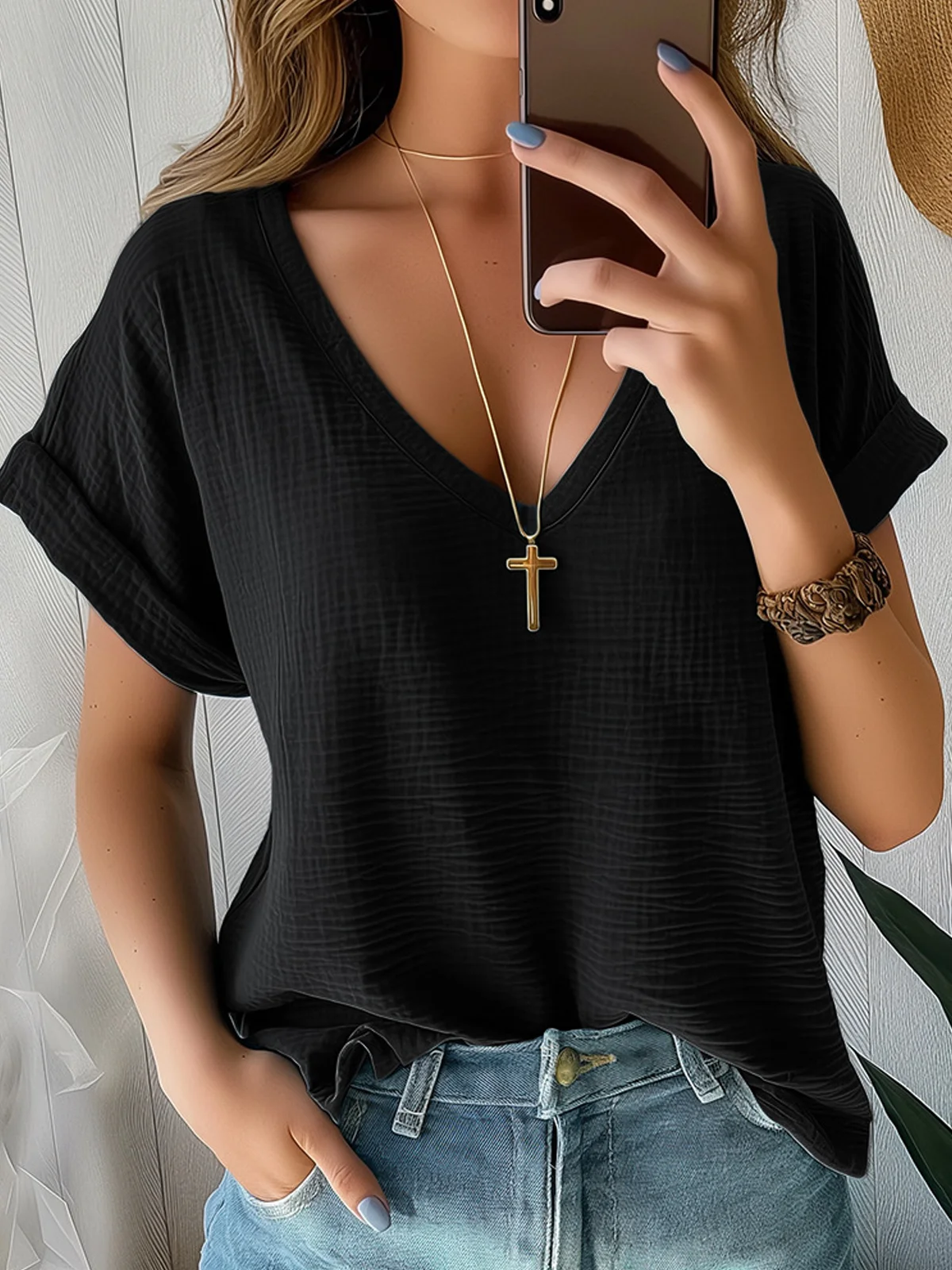 V Neck Short Sleeve Plain Regular Loose Blouse For Women