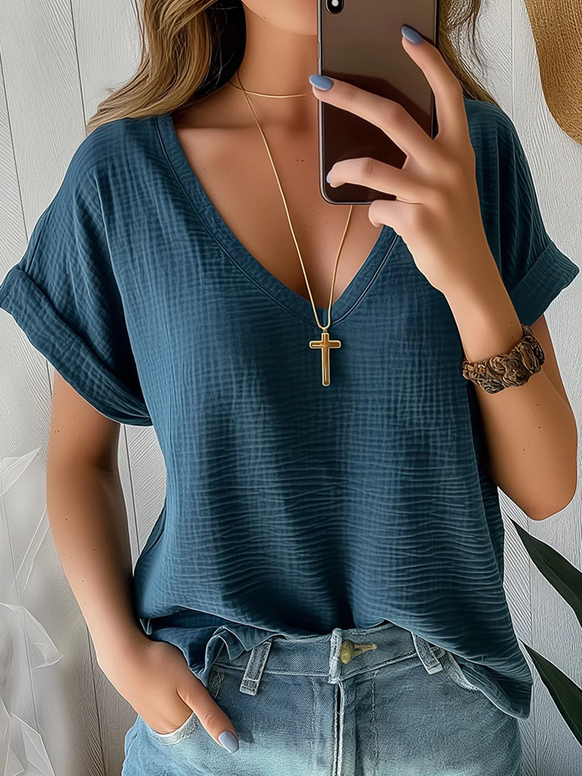 V Neck Short Sleeve Plain Regular Loose Blouse For Women
