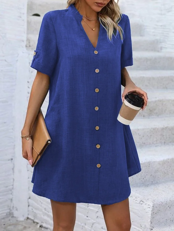 Women Plain V Neck Short Sleeve Comfy Casual Buckle Short Dress