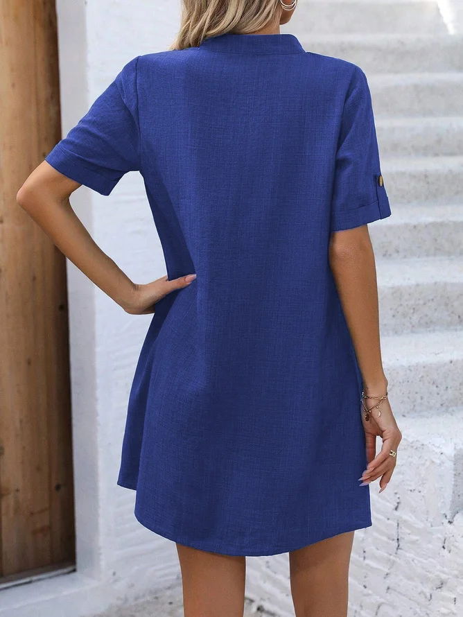 Women Plain V Neck Short Sleeve Comfy Casual Buckle Short Dress