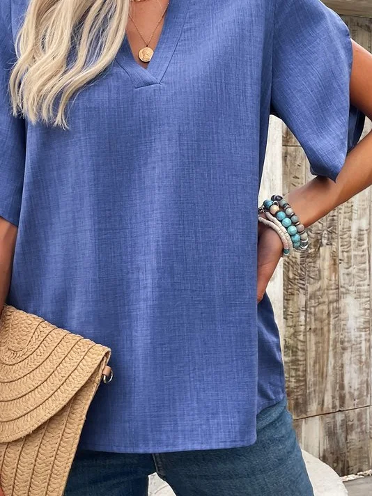 Women Summer V Neck Short Sleeve Plain Regular Regular Fit Shirt