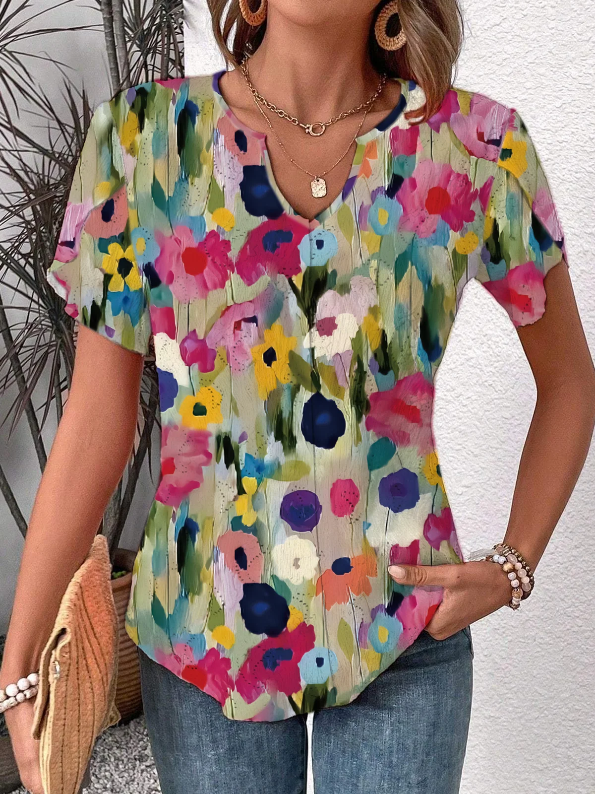 Crew Neck Short Sleeve Floral Regular Loose Shirt For Women