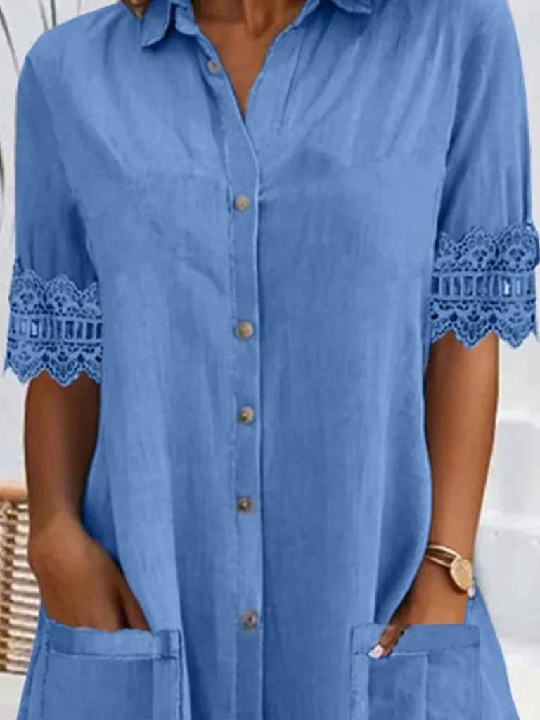 Women Plain Shirt Collar Short Sleeve Comfy Casual Lace Short Dress