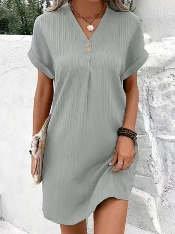 Women Plain V Neck Short Sleeve Comfy Casual Buckle Short Dress