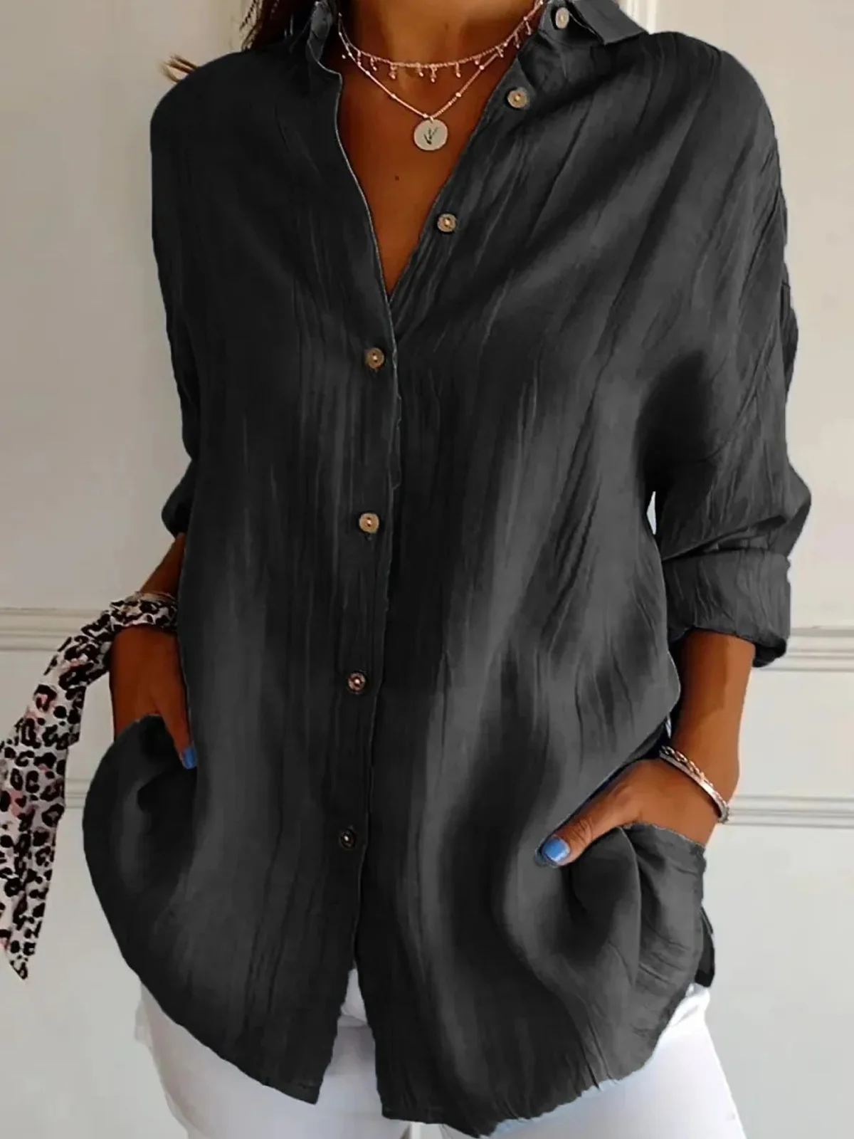 Shirt Collar Long Sleeve Plain Regular Micro-Elasticity Loose Shirt For Women