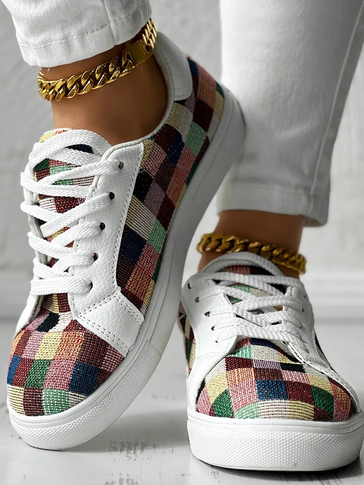 Casual Colorblock Lace-Up Flat Heel Slip On