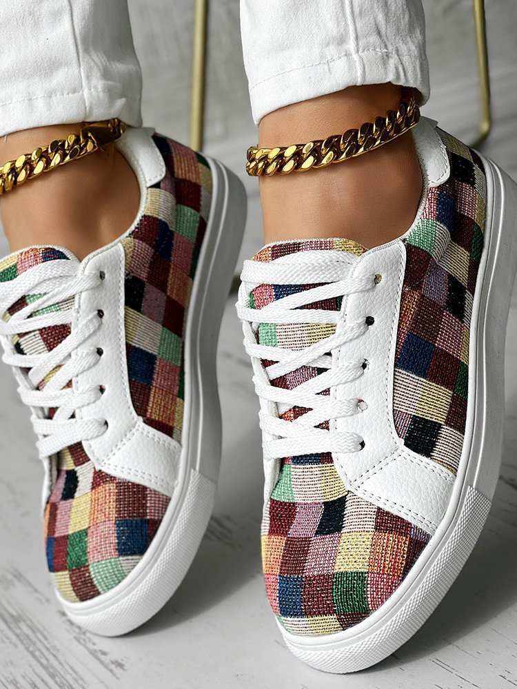 Casual Colorblock Lace-Up Flat Heel Slip On