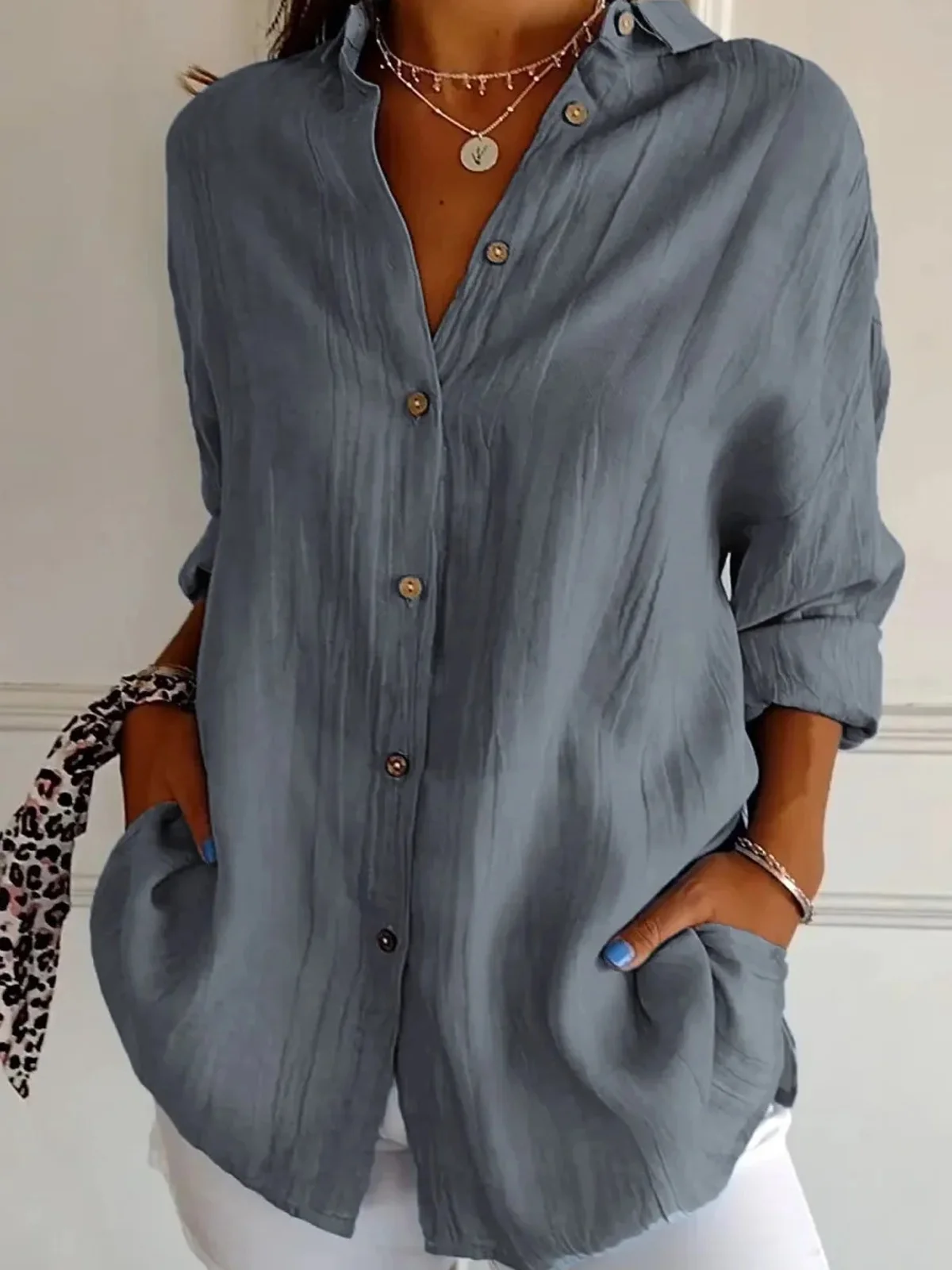 Shirt Collar Long Sleeve Plain Regular Micro-Elasticity Loose Shirt For Women
