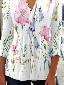 Crew Neck Half Sleeve Floral Buckle Regular Loose Blouse For Women